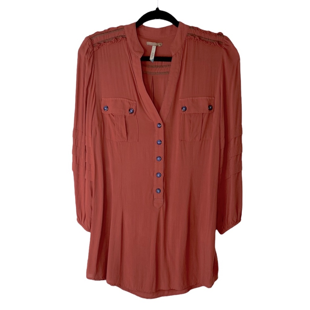 Matilda Jane Orange Ruffle Long Blouse V-Neck Buttons 3/4 Sleeve EUC Size Med